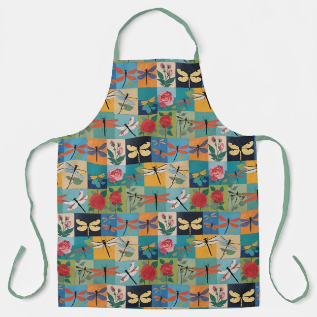 Colorful Dragonflies And Roses Patchwork Apron (Front)