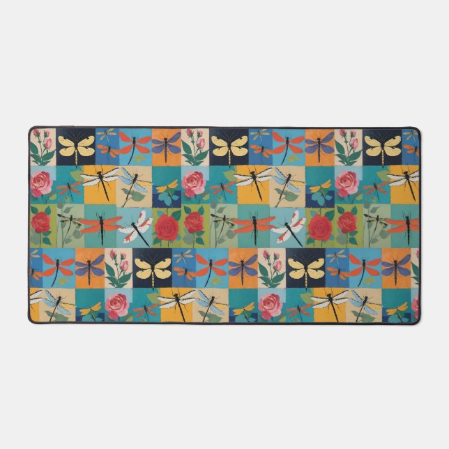 Colorful Dragonflies And Roses Patchwork Desk Mat (Front)