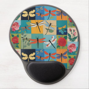 Colorful Dragonflies And Roses Patchwork Gel Mouse Pad