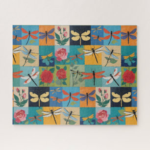 Colorful Dragonflies And Roses Patchwork Jigsaw Puzzle