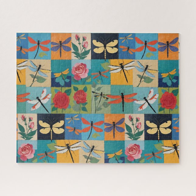 Colorful Dragonflies And Roses Patchwork Jigsaw Puzzle (Horizontal)