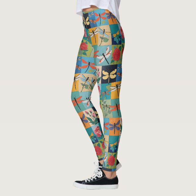 Colorful Dragonflies And Roses Patchwork Leggings (Left)