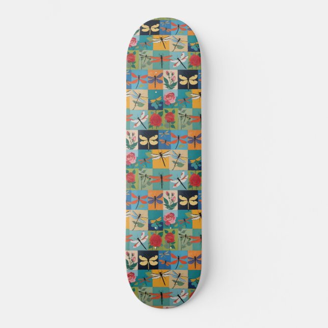 Colorful Dragonflies And Roses Patchwork Skateboard (Front)