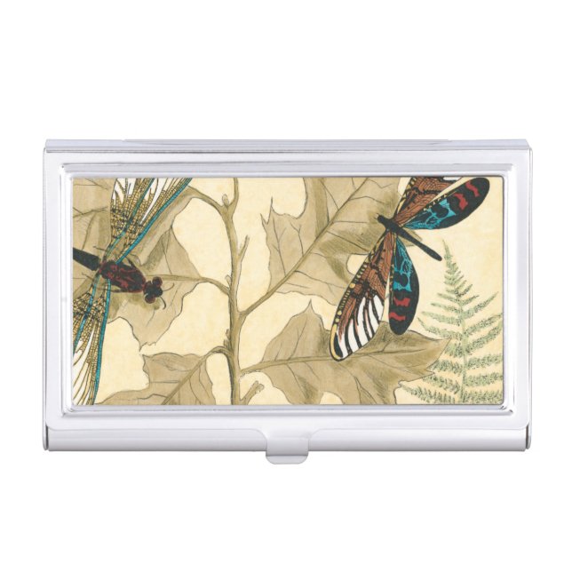Colorful Dragonflies Floating Above Leaves Business Card Case (Front)