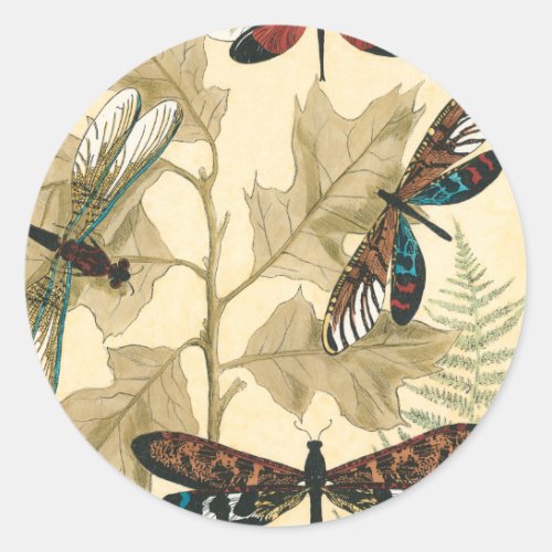 Colorful Dragonflies Floating Above Leaves Classic Round Sticker