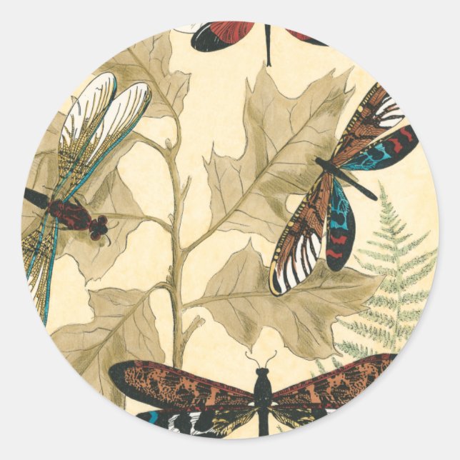 Colorful Dragonflies Floating Above Leaves Classic Round Sticker (Front)