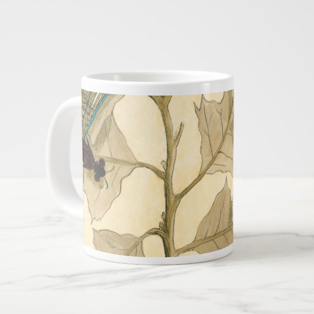 Colorful Dragonflies Floating Above Leaves Giant Coffee Mug (Front Left)