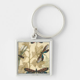 Colorful Dragonflies Floating Above Leaves Keychain