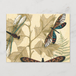 Colorful Dragonflies Floating Above Leaves Postcard