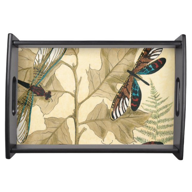 Colorful Dragonflies Floating Above Leaves Serving Tray (Front)