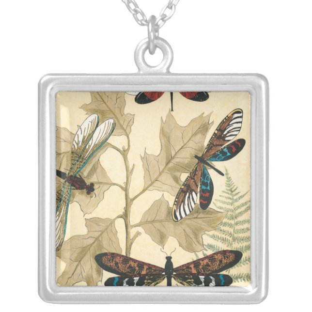 Colorful Dragonflies Floating Above Leaves Silver Plated Necklace (Front)
