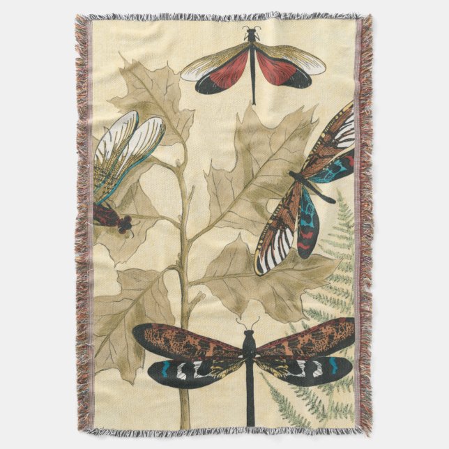 Colorful Dragonflies Floating Above Leaves Throw Blanket (Front Vertical)