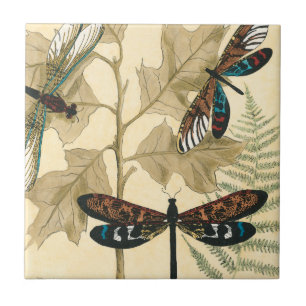 Colorful Dragonflies Floating Above Leaves Tile