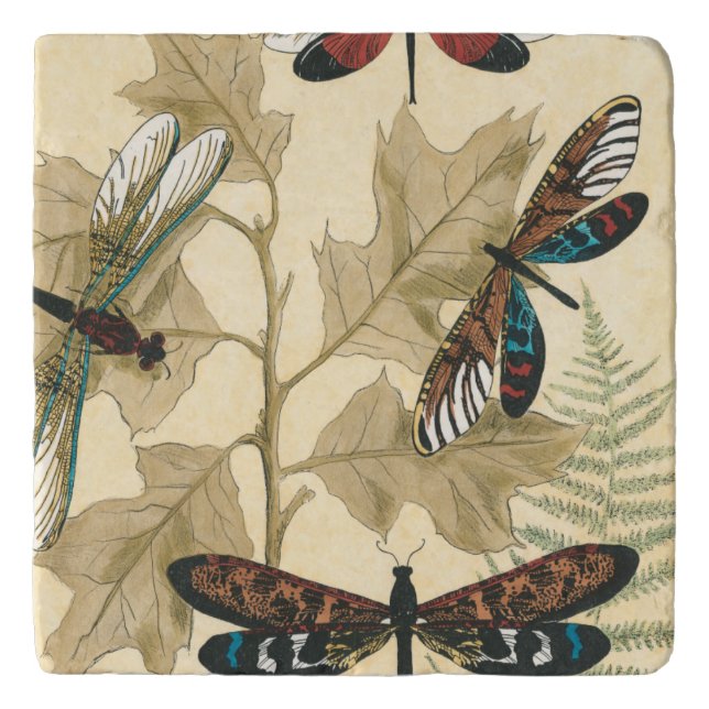 Colorful Dragonflies Floating Above Leaves Trivet (Front)