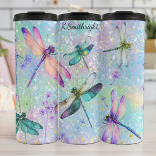 Colorful Dragonflies Glitter Background Thermal Tumbler