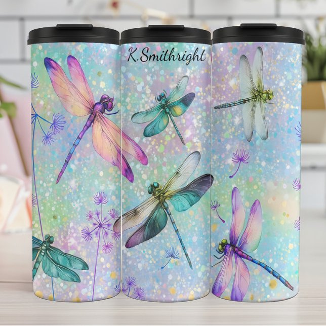 Colorful Dragonflies Glitter Background Thermal Tumbler (Creator Uploaded)
