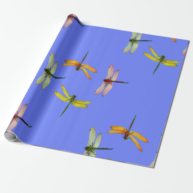 COLORFUL DRAGONFLIES ON BLUE WRAPPING PAPER (Unrolled)