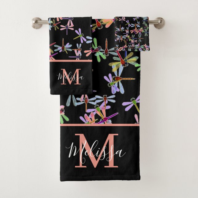 Colorful dragonflies personalized   bath towel set (Insitu)