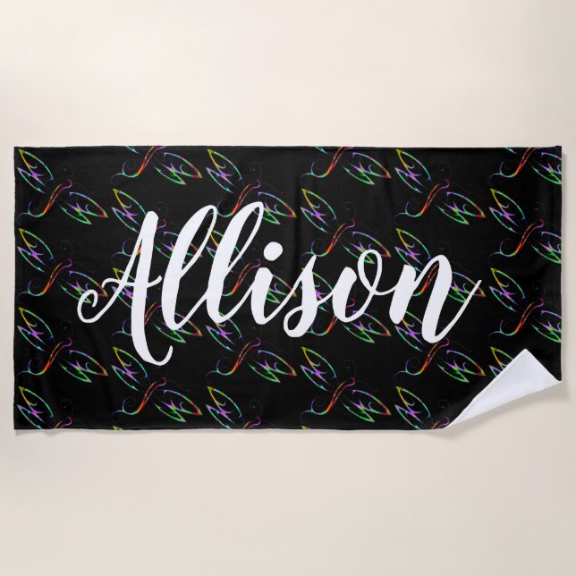 Colorful dragonflies personalized beach towel (Front)