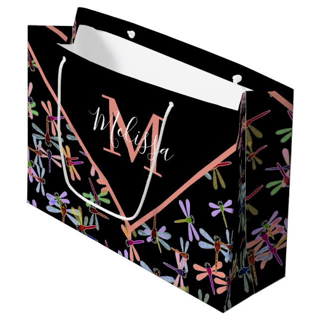 Colorful dragonflies personalized large gift bag (Front Angled)