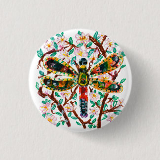 Colorful Dragonfly Among Cherry Blossoms Button