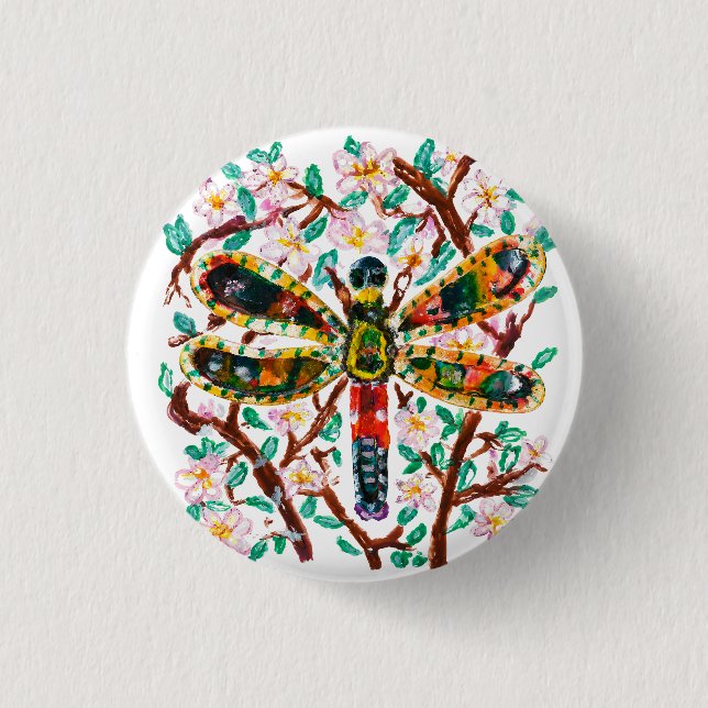 Colorful Dragonfly Among Cherry Blossoms Button (Front)