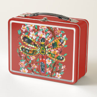 Colorful Dragonfly Among Cherry Blossoms Metal Lunch Box