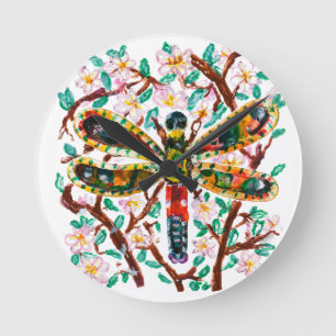 Colorful Dragonfly Among Cherry Blossoms Round Clock