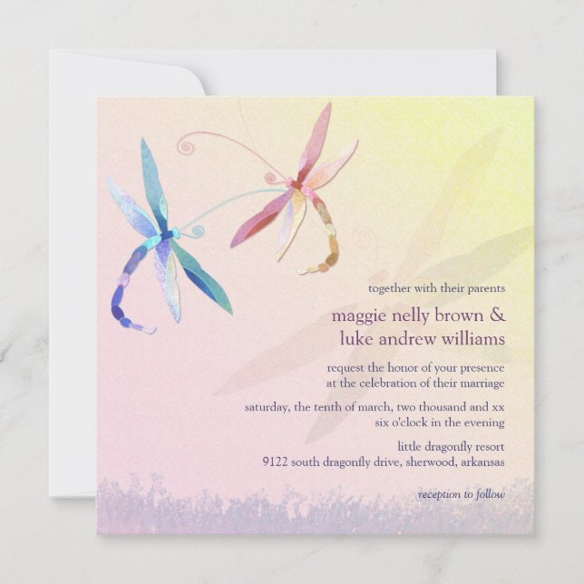 Colorful Dragonfly Couple Spring Wedding Invitation (Front)
