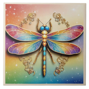 Colorful Dragonfly - Gold & Rainbow multicolor Ceramic Tile