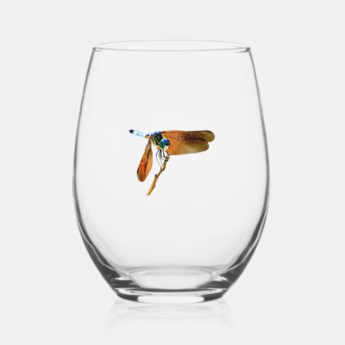 Colorful dragonfly on a branch stemless wine glass