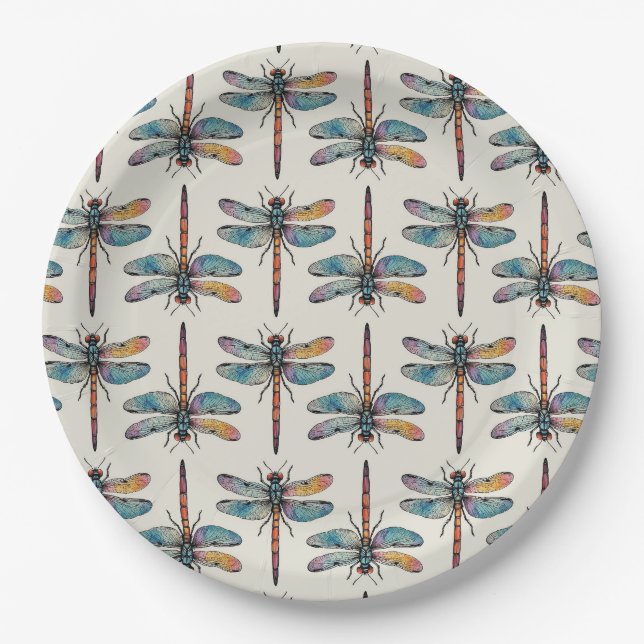 Colorful Dragonfly Pattern Paper Plates (Front)