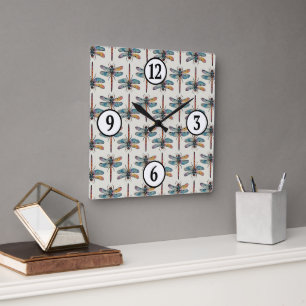 Colorful Dragonfly Pattern Square Wall Clock