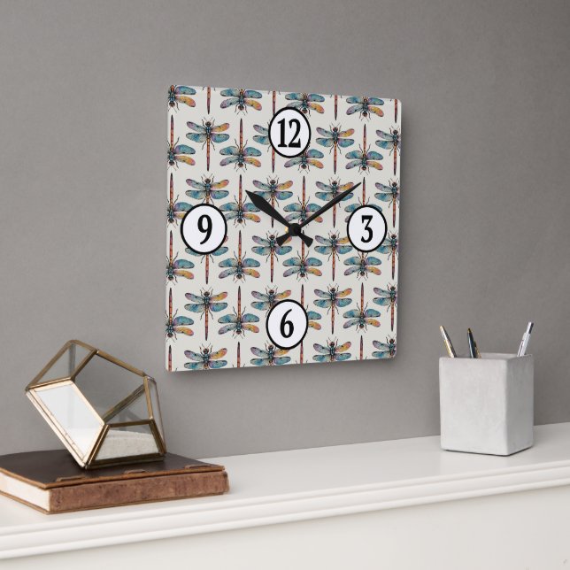 Colorful Dragonfly Pattern Square Wall Clock (Office)