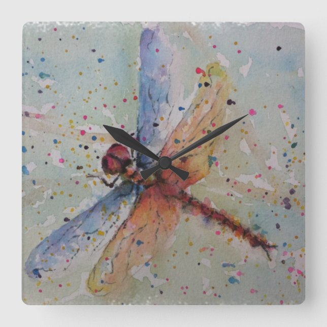 COLORFUL DRAGONFLY SQUARE WALL CLOCK (Front)