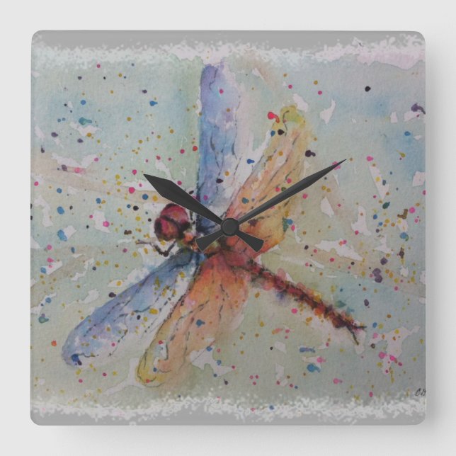 COLORFUL DRAGONFLY SQUARE WALL CLOCK (Front)