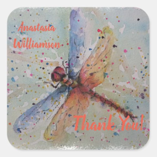 COLORFUL DRAGONFLY THANK YOU SQUARE STICKER