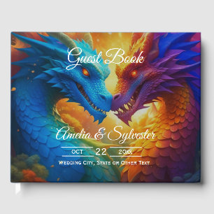 Colorful Dragons in Love Blue Wedding Guest Book