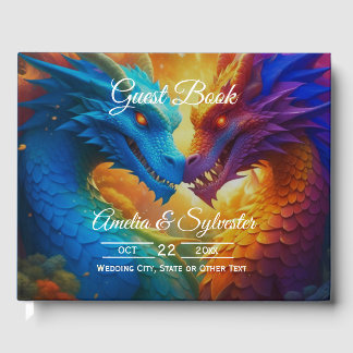 Colorful Dragons in Love Blue Wedding Guest Book