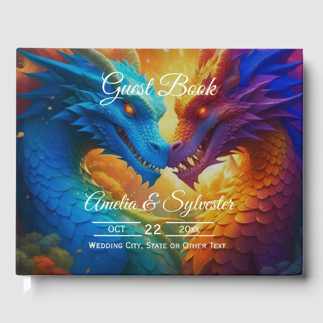 Colorful Dragons in Love Blue Wedding Guest Book (Front)