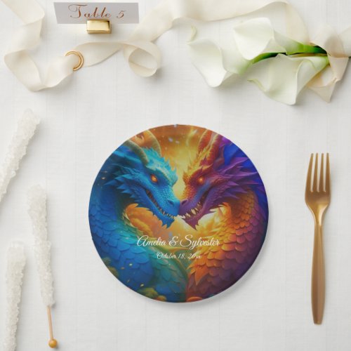 Colorful Dragons in Love Paper Plates