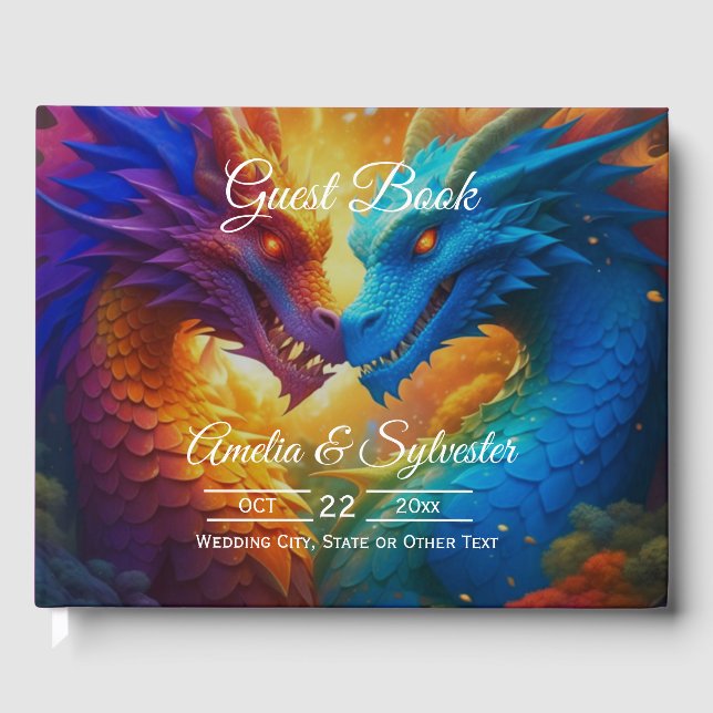 Colorful Dragons in Love Purple Wedding Guest Book (Front)