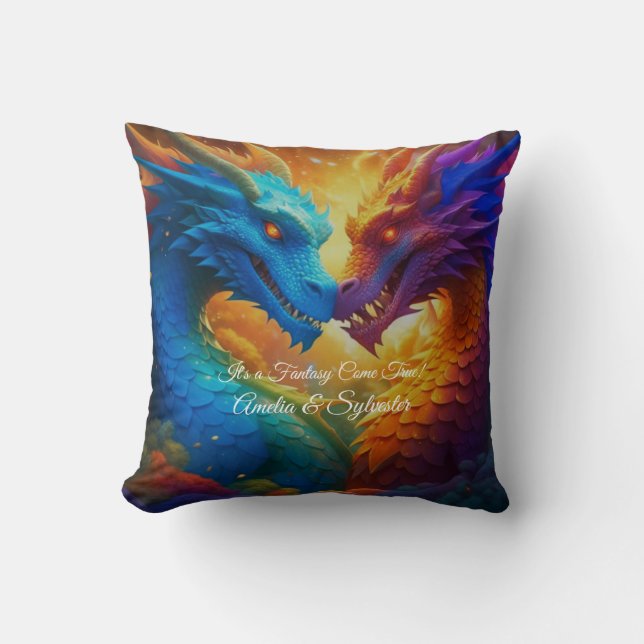 Colorful Dragons in Love Throw Pillow (Front)