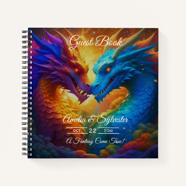 Colorful Dragons in Love Wedding Guest Book (Front)