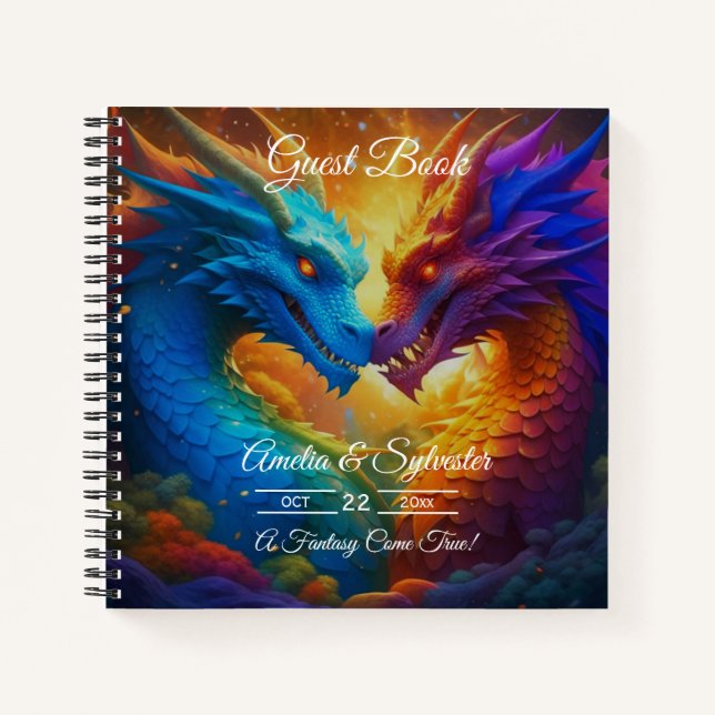 Colorful Dragons in Love Wedding Guest Book (Front)