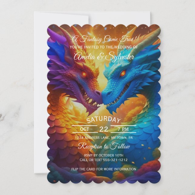 Colorful Dragons in Love Wedding Invitation (Front)