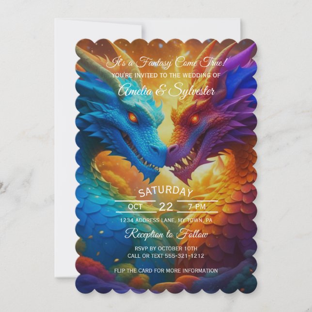 Colorful Dragons in Love Wedding Invitation (Front)