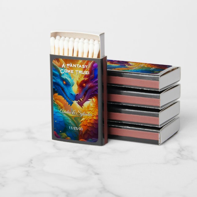 Colorful Dragons in Love Wedding Invitation Matchboxes (Stacked)