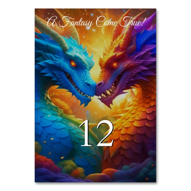 Colorful Dragons in Love Wedding Table Number (Front)