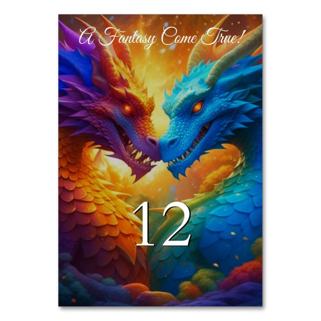 Colorful Dragons in Love Wedding Table Number (Front)